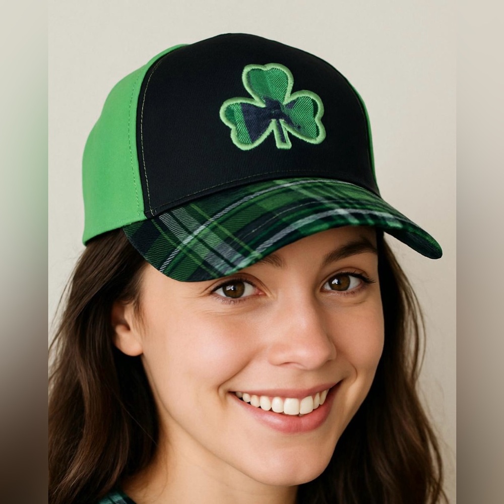Plaid Brim Cap with Clover Design